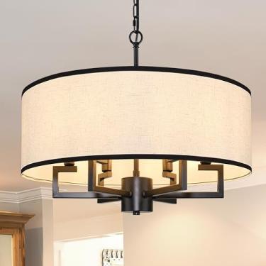 Imagem de Bagood Lustre de tambor moderno de 59,9 cm branco e preto, luminária pendente de tambor de veludo redondo, 6 luzes, montagem semi-embutida, lustre de teto suspenso para sala de jantar e quarto