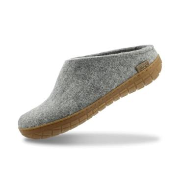 Imagem de GLERUPS Pantufas femininas e masculinas com sola de borracha | Pantufa unissex de lã sem cadarço | Chinelos confortáveis para uso externo e interno, Cinza, 13 Women/10.5 Men
