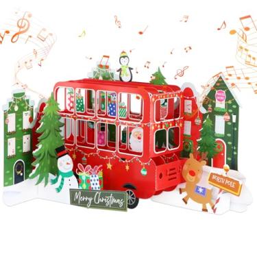 Imagem de DISJOURNEY Cartão de Natal Pop Up – Cartão de Natal musical de Papai Noel em ônibus com luzes LED, ideal para crianças, família, filha, filho, neta, neto, marido, esposa, envelope incluído