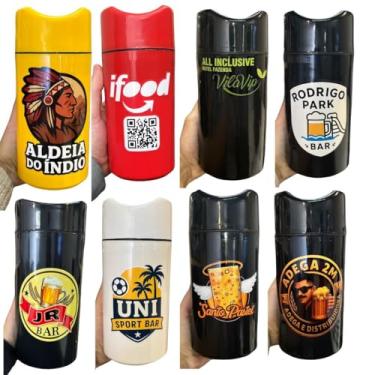 Imagem de Kit 4 Porta Garrafa Térmico 600ml Personalizado com Logo/Arte | Camisinha para Cerveja - Isopor para Cerveja | Bar | Restaurante | Lanchonete (Branco, 2 Adesivos (Frente e Verso))