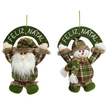 Imagem de Jogo 2 Guirlandas Placa Feliz Natal Madeira Papai Noel e Boneco de Neve Pelúcia Verde Xadrez Cachecol e Gorro Crochê 30c