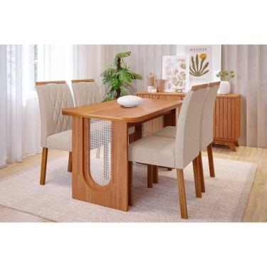 Imagem de Conjunto: Mesa Sala Jantar Valentina Tampo Madeirado 130x80cm e 4 Cadeiras Juliana Cinamomo - Carvalho/Suede Nude Bege - Cimol