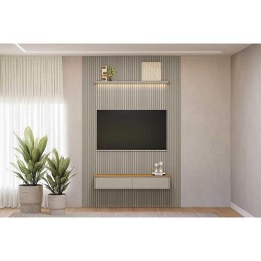 Imagem de Rack Bancada c/ Painel p/ TV até 75 Pol Modular 1.8 Ripado 2 Portas 1 Prat. 180x250cm Tauari/Gris Fosco - Linea Brasil