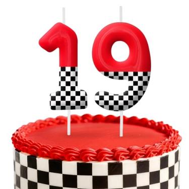Imagem de Velas de aniversário de carro de corrida, decoração de topo de bolo de 6 cm, bandeira quadriculada número 19 velas, decorações de aniversário, decorações de bolo de festa de aniversário, suprimentos