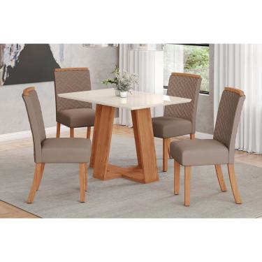 Imagem de Conjunto: Mesa de Cozinha Lins c/ Tampo Reto Madeirado c/ Vidro 120x80cm e 4 Cadeiras Malu Nature/Suede Light Marrom Amendoa - Henn