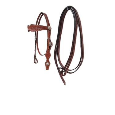 Imagem de LEATHERRIDE Conjunto de acessórios de cabeça e rédeas de cavalo de couro ocidental, ferramentas antigas naturais, troca rápida de pontas ajustáveis e rédeas de tamanho livre para cavalos (marrom