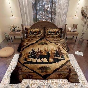 Imagem de Homewish Conjunto de cama de cabana, lindo conjunto de edredom com silhueta de veado e pinheiros, para crianças, adolescentes e adultos, estampa de patas de animais retrô marrom com 2 fronhas, tamanho