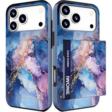 Imagem de IWONE Capa feminina compatível com Phone 17 Pro com suporte para cartão, proteção contra quedas, à prova de choque, compartimento para celular - pedra de mármore azul e roxa