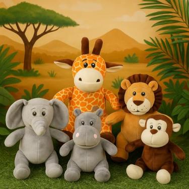 Imagem de Kit Safari 5 Pelúcias De Animais Bebe Baby Presente Festa Menina Menino Antialérgico Zoologico Kawaii Elefante Hipopótamo Girafa Macaco Leão Savana Escolha O Tamanho (Tamanho 25cm)