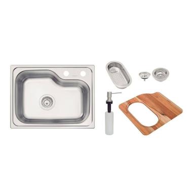Imagem de Kit Cuba Tramontina Morgana Compact 48 Fx Undermount Em Aço Inox + Válvula Tábua Madeira Cesto Coado Tramontina