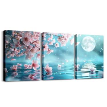 Imagem de Feelyou Pintura de parede infantil flor de cerejeira rosa decoração de parede de escritório pôsteres meninos meninas flor de ameixa banheiro arte de parede para decoração de casa azul oceano imagem