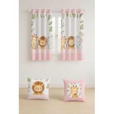 Imagem de Cortina Infantil Decorativa com 2 Capas de Almofada, 2m x 1,5m, Poliéster Estampado, para Quarto (SAFARI BABY ROSA)