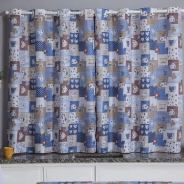 Imagem de Cortina Cozinha Oxford 2,00x1,40 Estampada Cappuccino Janela Vitrô Ilhós Blackout Blecaute Decorativa Poliéster Varão (Bule Azul)