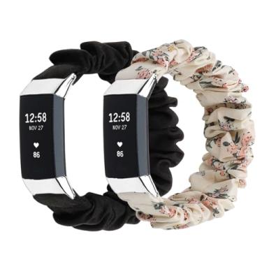 Imagem de Pulseira elástica para relógio Fitbit Charge 2 Scrunchie para mulheres, grande, pequena, elástica, de tecido fofo, ajustável (preta/flor de carne, grande)