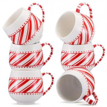 Imagem de Layhit Conjunto de 6 canecas de cerâmica de bengala doce de Natal com 6 canecas de café, design temático de Natal, conjunto de xícaras modernas para presentes de café e chá e chocolate quente
