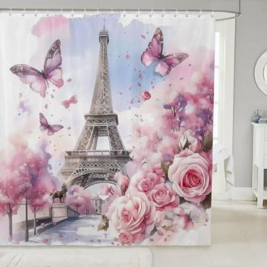 Imagem de Cortina de banho em aquarela Paris, Torre Eiffel, moderna com estampa de cidade para crianças, meninos, rosa, flores, borboletas, cortina à prova d'água com ganchos para barracas, 182 cm L x 182 cm C