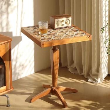 Imagem de Mesa de canto pequena redonda para espaços estreitos e pequenos, mesa de madeira maciça ao lado, mesa lateral de canto para sala de estar e quarto