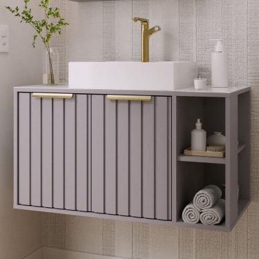 Imagem de Gabinete para Banheiro 80cm com 2 Portas 2 Nichos e Cuba de Sobrepor Noruega Cinza
