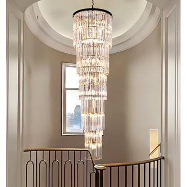 Imagem de Wellmet Lustre de cristal preto para tetos altos, lustres modernos de gota de chuva de cristal preto de 82 polegadas de comprimento, luminária de teto redonda para hall de entrada, escada, sala de
