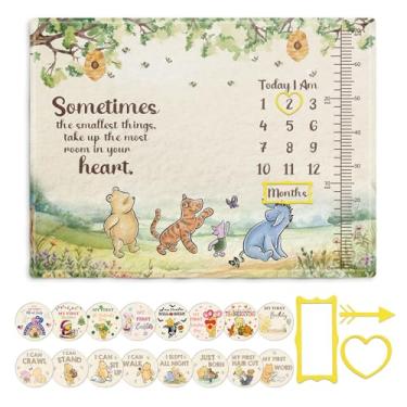 Imagem de Cobertor mensal The Pooh Baby, tabela mensal de crescimento do Winnie, citações do Ursinho, decoração com cartolina impressa dupla face (16 momentos inesquecíveis de bebês) 76 x 101 cm
