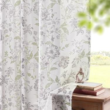 Imagem de Cortinas florais cinza 213 cm de comprimento, 2 painéis para quarto, rústico, campo, fazenda, flores cinza, cortinas transparentes para sala de estar, bolso de varão, cortinas neutras para escritório