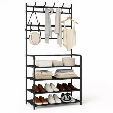 Imagem de Sapateira Organizador com Cabideiro de Chão e 4 Prateleiras | Arara Multiuso Vertical para Roupas, Bolsas e Sapatos (Preto)