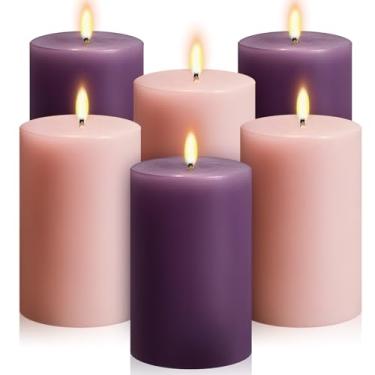 Imagem de Conelist Conjunto de 6 velas de pilar pequenas, 5 x 7,6 cm, velas votivas coloridas sem cheiro para presente de casamento, relaxamento, spa, igreja, mesa de jantar, decoração de casa (5 x 7 cm, rosa