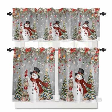 Imagem de Conjunto de cortina de cozinha com boneco de neve cinza de Natal, árvore de Natal, poinsétia, saia e camada de 61 cm de comprimento, flocos de neve, bolso para varão, janela de cozinha, cortinas