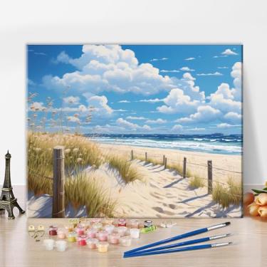 Imagem de Pintura de paisagem por números, cerca de madeira, grama de junco e ondas suaves batendo na praia pintura por número com pincéis e pigmentos pintura a óleo, 40,6 x 50,8 cm