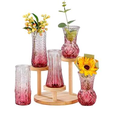 Imagem de EylKoi Conjunto de 5 vasos de vidro rosa para centros de mesa decorativos, vintage em relevo em cristal texturizado fofo, decoração de casamento mini vaso floral para casamento rústico, mesa de casa