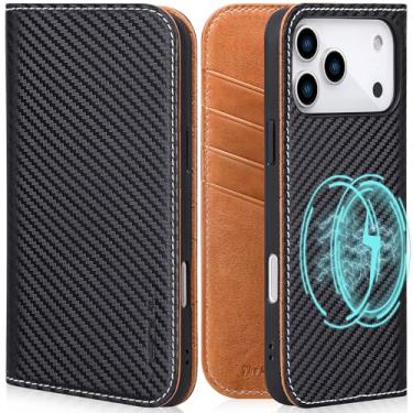 Imagem de VISOUL Capa carteira de fibra de carbono para iPhone 17 Pro Max, capa fólio magnética de couro genuíno com compartimentos para cartão com bloqueio de RFID, suporte, capa de TPU macia, capa protetora