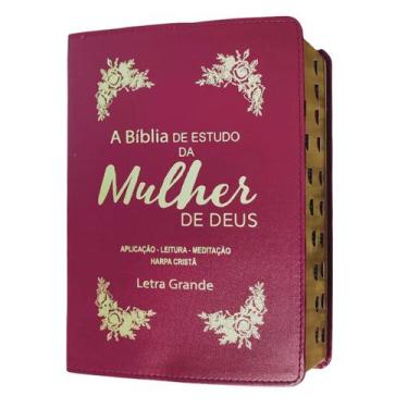 Imagem de Bíblia de estudo da mulher de deus  letra grande  com harpa e índice  
