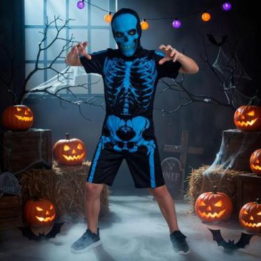 Imagem de Fantasia Caveira Infantil Menino de Halloween Macacão Raio X Curto com