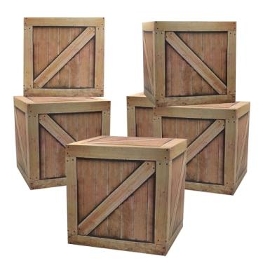 Imagem de ATSKIM Pacote com 6 caixas de decoração de festa com tema ocidental, fardos de feno falsos para decoração, caixas de madeira de 29 cm, caixas de imitação de madeira, adereços de cabine de fotos para