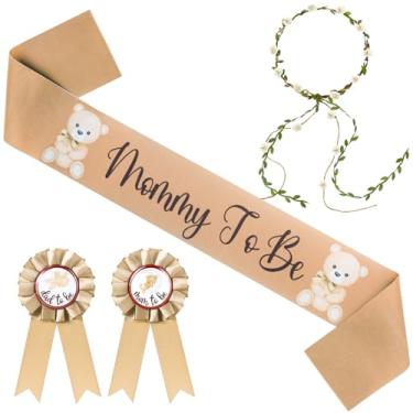 Imagem de 4 peças com tema de urso marrom Mom to be faixa de chá de bebê pai para ser broche com coroa de flores, kit de tiara para festa revelação de gênero, chá de bebê, lembrancinhas de festa para meninos e