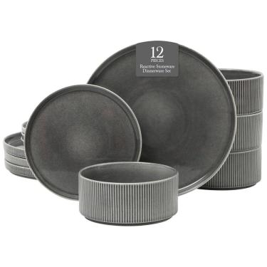 Imagem de Conjunto de Jantar Gibson Elite Solana Coast 12 Peças em Cerâmica Reativa para 4 Pessoas - Design Moderno com Acabamento em Preto Brilhante