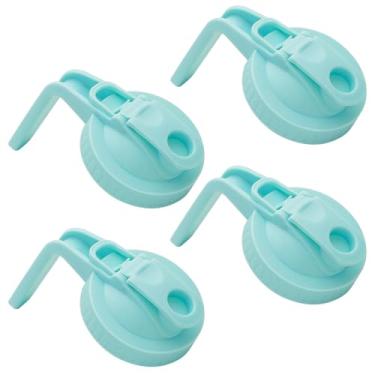 Imagem de 4 peças de frasco de vidro de boca larga com tampa de bico hermético com alça, transforma seu pote de vidro em jarra, tampas flip duráveis sem BPA, fácil de limpar, ajuste para potes de conserva (azul