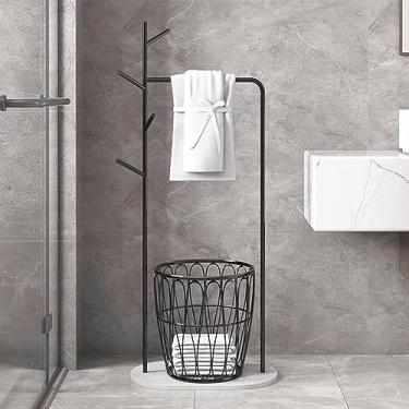 Imagem de Toalheiro, toalheiro autônomo rack de aço inoxidável metal lavanderia secador com cesta de armazenamento para hangitowels/preto/a