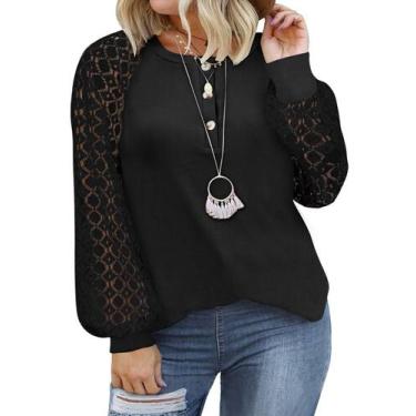 Imagem de Blusa feminina Eytino plus size com decote em V, renda, manga comprida