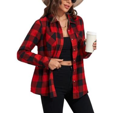 Imagem de Camisa de flanela KevaMolly xadrez de manga comprida para mulheres tam