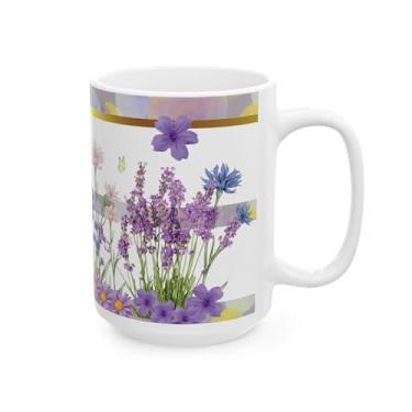 Imagem de Caneca de flores silvestres lavanda - Canecas de cerâmica de flores em aquarela para mulheres, presentes de borboleta, xícara de café floral - fofa (branca, 425 g)