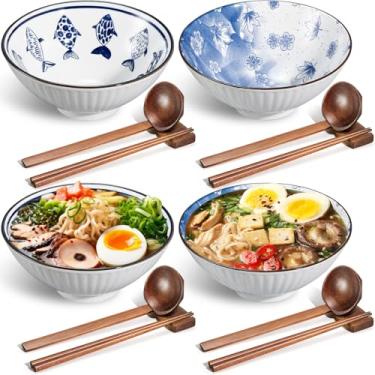 Imagem de 4 conjuntos de tigelas de cerâmica japonesa Ramen 1,18 l grande de cerâmica para servir macarrão com colheres, hashis e suportes para sopa, cereais, arroz, macarrão asiático (estilo flor e peixe)
