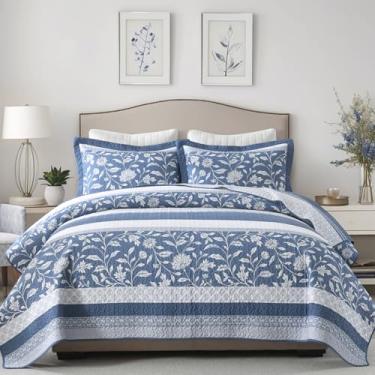 Imagem de SOElinens Colchas listradas tamanho Queen – Conjunto de colcha branco marinho com fronhas combinando, colcha de cama de fazenda com design floral de jardim, 3 peças, 100% algodão, capa leve para