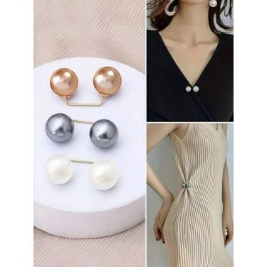 Imagem de 3 peças de botões de pérola sem costura, clipes duplos de pérola na cintura, clipes de bainha ajustáveis para saias de calças, branco