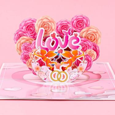 Imagem de Cartões postais de casamento 3D Pop Up rosa calor rosa com envelope e adesivo para namorada, namorado, amigo, esposa, marido presente festival dia dos namorados