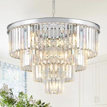 Imagem de CATINER Lustres De Cristal Modernos Cromados 24” Lustres De Luxo 4 Níveis 12 Luzes K9 Cristal Redondo Luminária Pendente De Teto Contemporânea Para Sala De Estar Sala De Jantar Hall De Entrada Escad