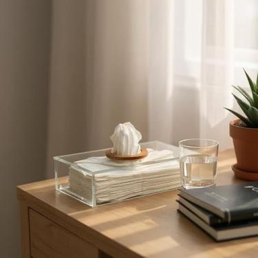 Imagem de Porta Papel Toalha e Lenço Interfolha de Mesa em Vidro com Madeira | Dispenser Decorativo para Banheiro e Lavabo (Seiva Clear)