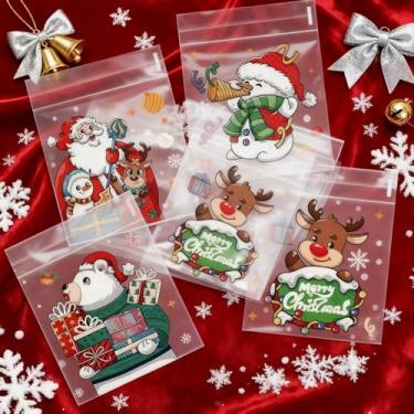Imagem de 100 unidades de sacolas de Natal de 12,7 x 10 cm - celofane autoadesivo | Para doces, chocolate e biscoitos | 4 designs festivos | Para lembrancinhas de festas de fim de ano e embalagem de presente