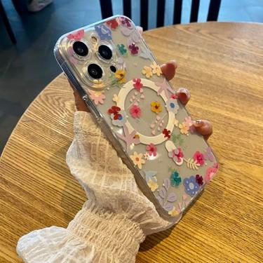 Imagem de Capa de flor transparente para iPhone 15 Pro 6,1 polegadas, proteção à prova de choque, sem fio magnético, compatível com MagSafe, capa de telefone transparente com design floral, colorida