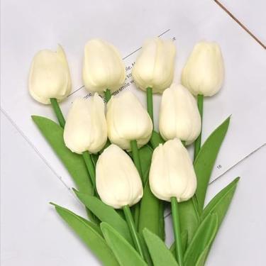 Imagem de Kit 10 Tulipas Artificiais de Látex PU – Buquê de Toque Real 34cm com 5 Flores por Haste para Decoração de Casamento, Casa e Eventos (Cores Diversas)(Leite branco (10 peças))